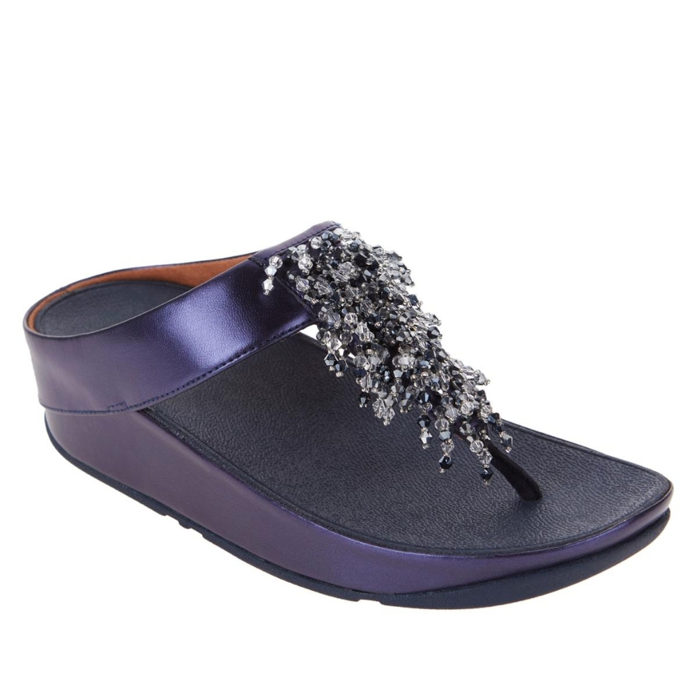 Blue FitFlop Rumba Beaded Sandal Metallic Toe Post Wedge Midnight Navy NIB